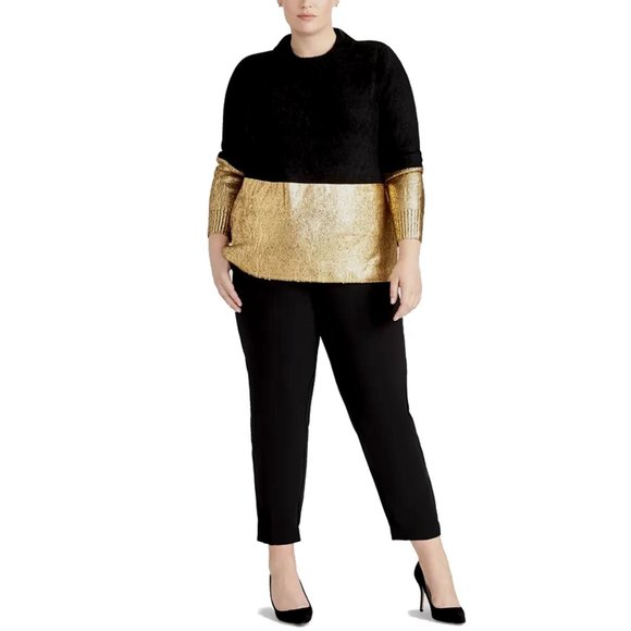 NWT Womens Plus Size 1X Rachel Roy Black Trendy Metallic Colorblock Knit Sweater